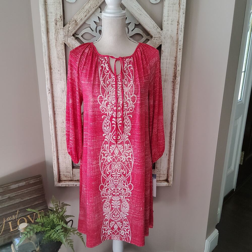 Skye's The Limit Women's 3/4 Sleeve Tie Front Shift Midi Dress in Raspberry - Picture 2 of 8